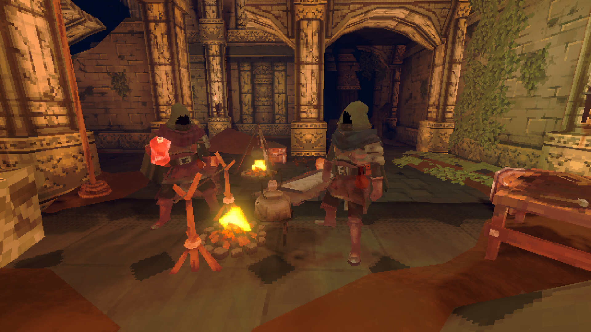Two players at a campfire inside Deep Dish Dungeon's stone dungeon